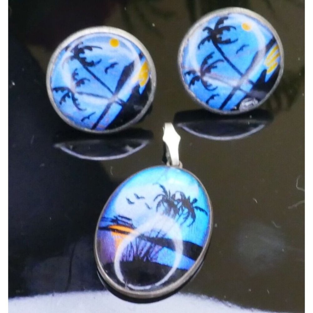 Signed Hoffman Sterling Silver Butterfly Jewelry Set Pendant Screw Back Earrings